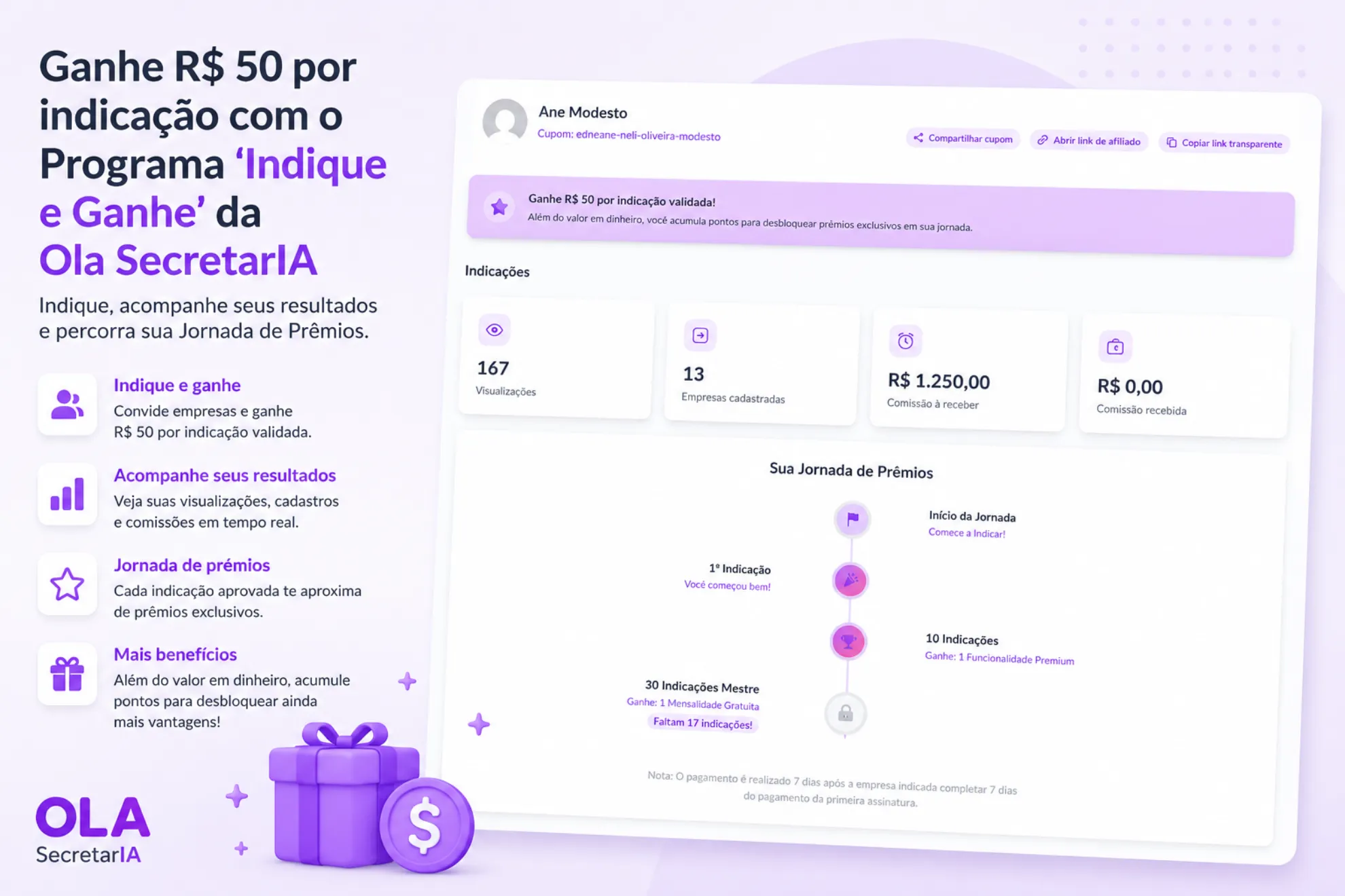 Ganhe R$ 50 por indicação com o Programa 'Indique e Ganhe' da Ola SecretarIA (e percorra a sua Jornada de Prêmios).